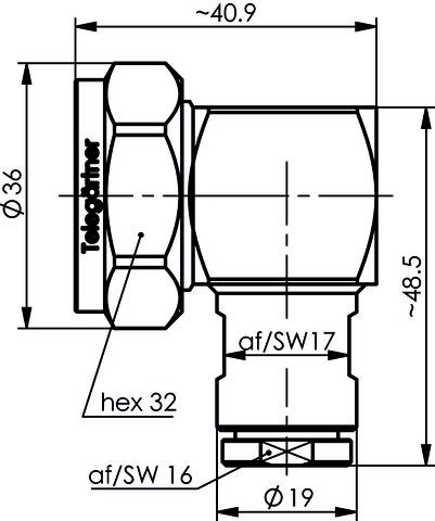 Technical drawing of an angle piece with dimensions: Total length approx. 40.9 mm, diameter 36 mm, connection sizes 'hex 32', 'af/SW17'.