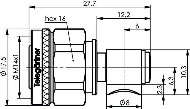 Technical drawing of a plug connector with dimensions: Length 27.7 mm, diameter M14x1. Detailed measurements for circumference and height provided.