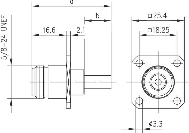 Technical drawing of a connector with dimensions in millimetres. Details include thread size '5/8-24 UNEF' and several length specifications.