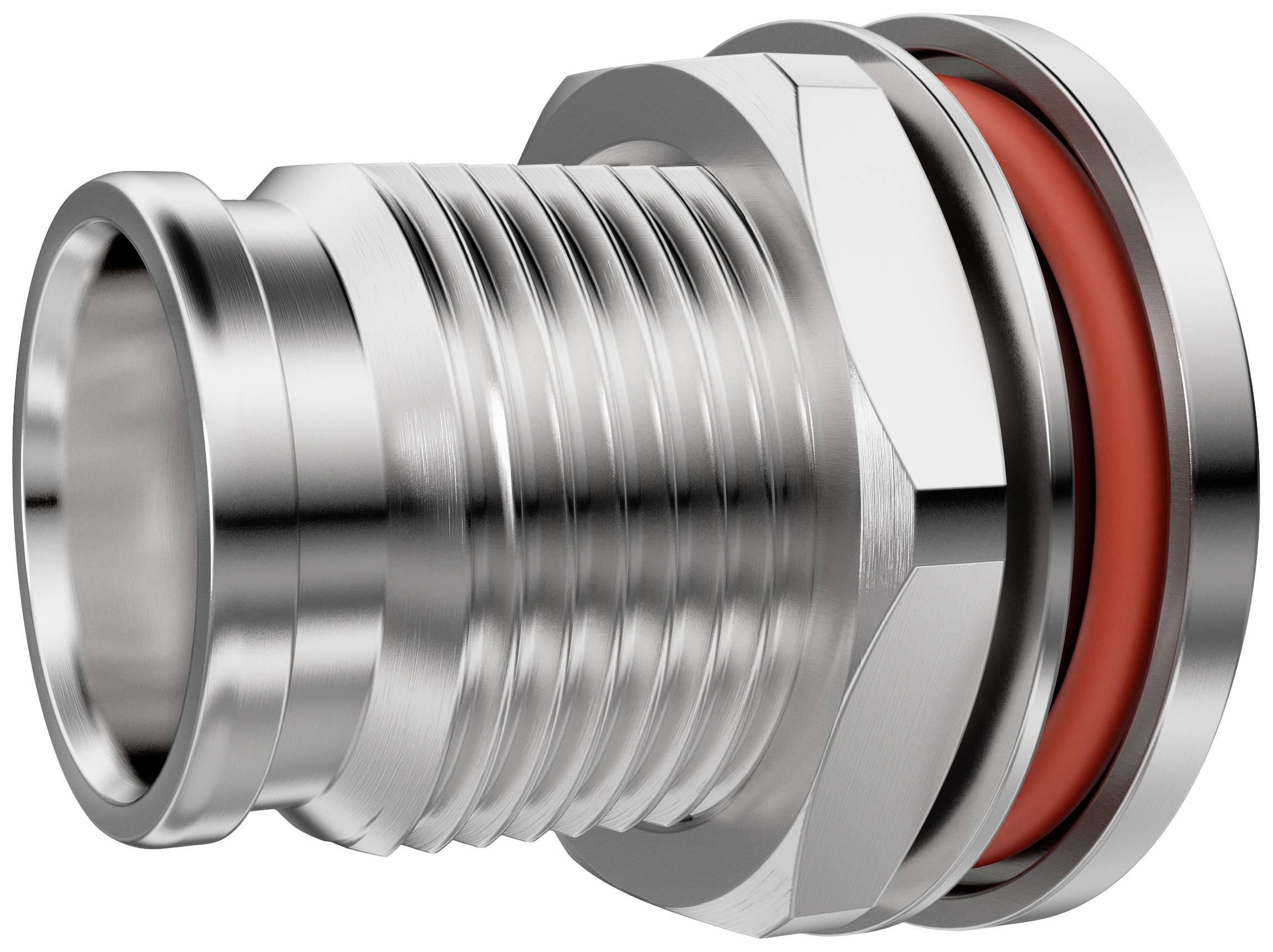 Metal screw connection with red sealing ring; suitable for pipe connections and sealing of liquid systems.