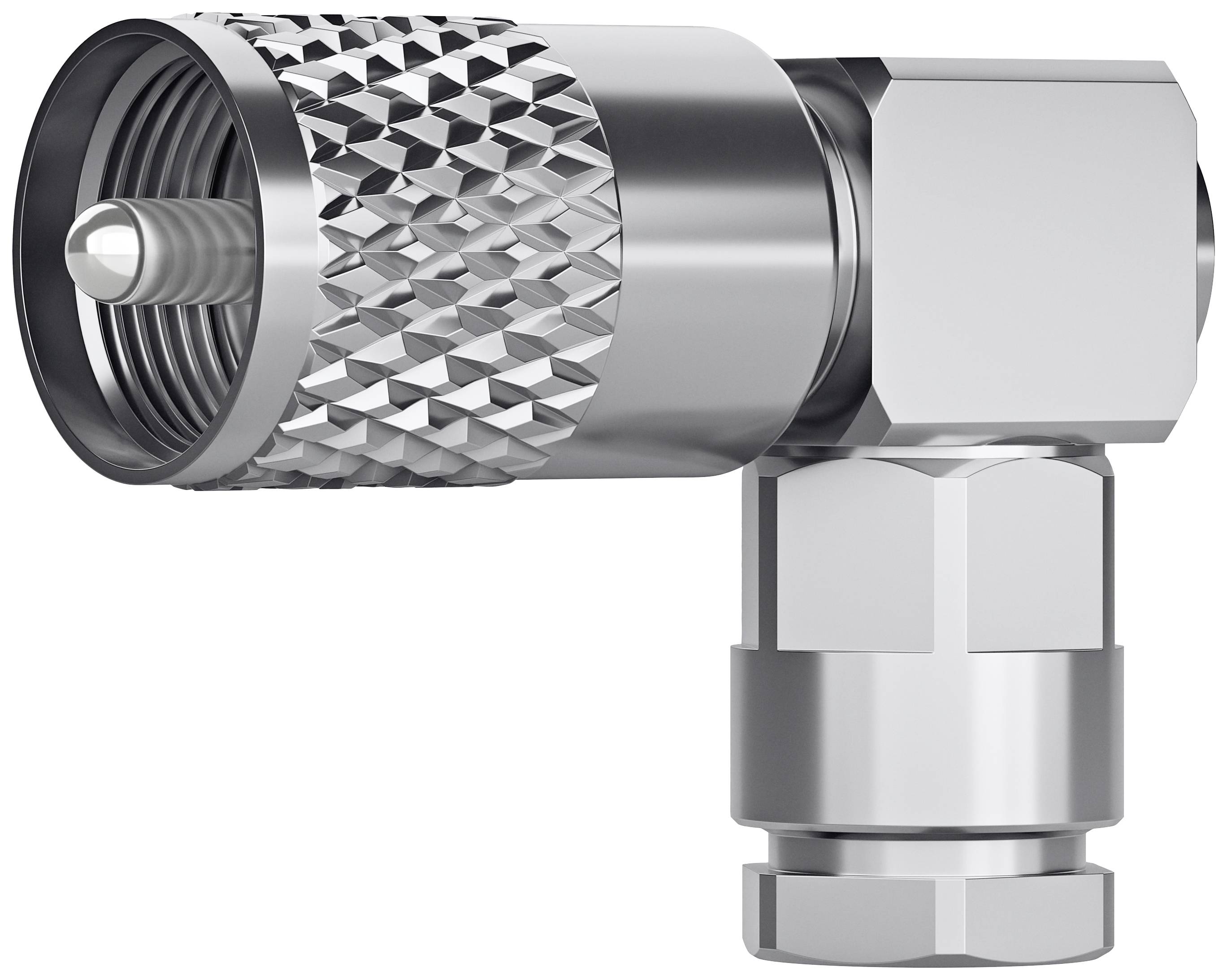 A silver, right-angled metal adapter with a textured surface and screw connection, possibly suitable for cables.