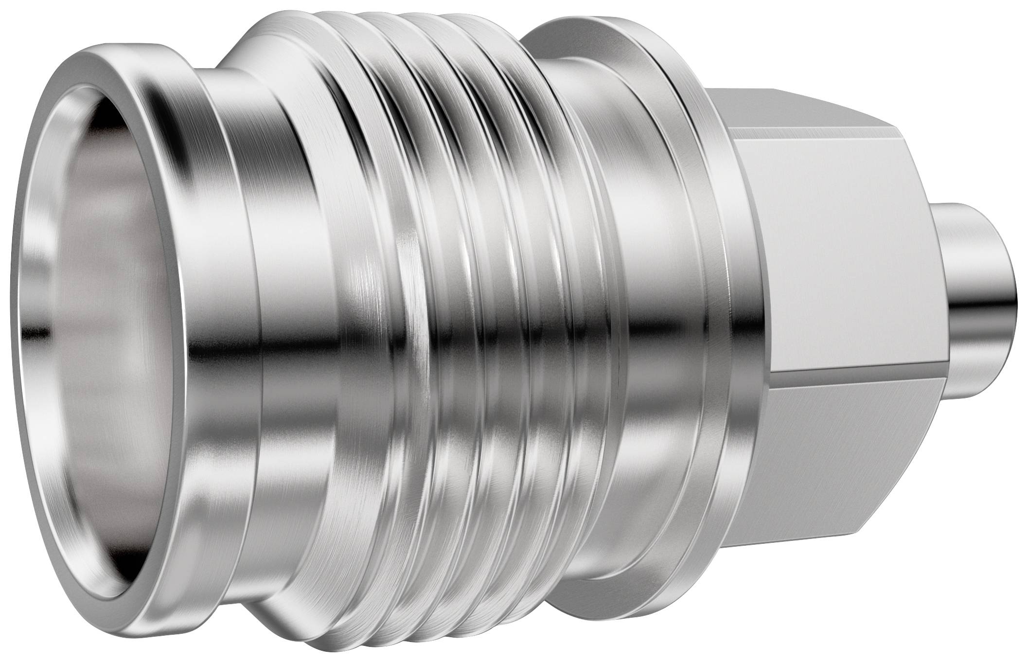 A silver, cylindrical metal component with multiple grooves and a hexagonal end, potentially a screw connector.