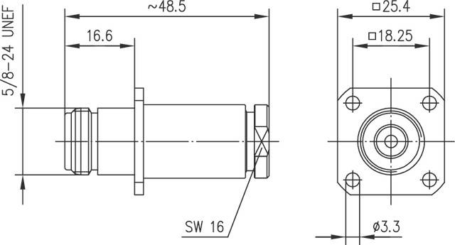 Technical drawing of a cylindrical component with a flange. Dimensions: length approx. 48.5 mm, diameter 16.6 mm and 25.4 mm.