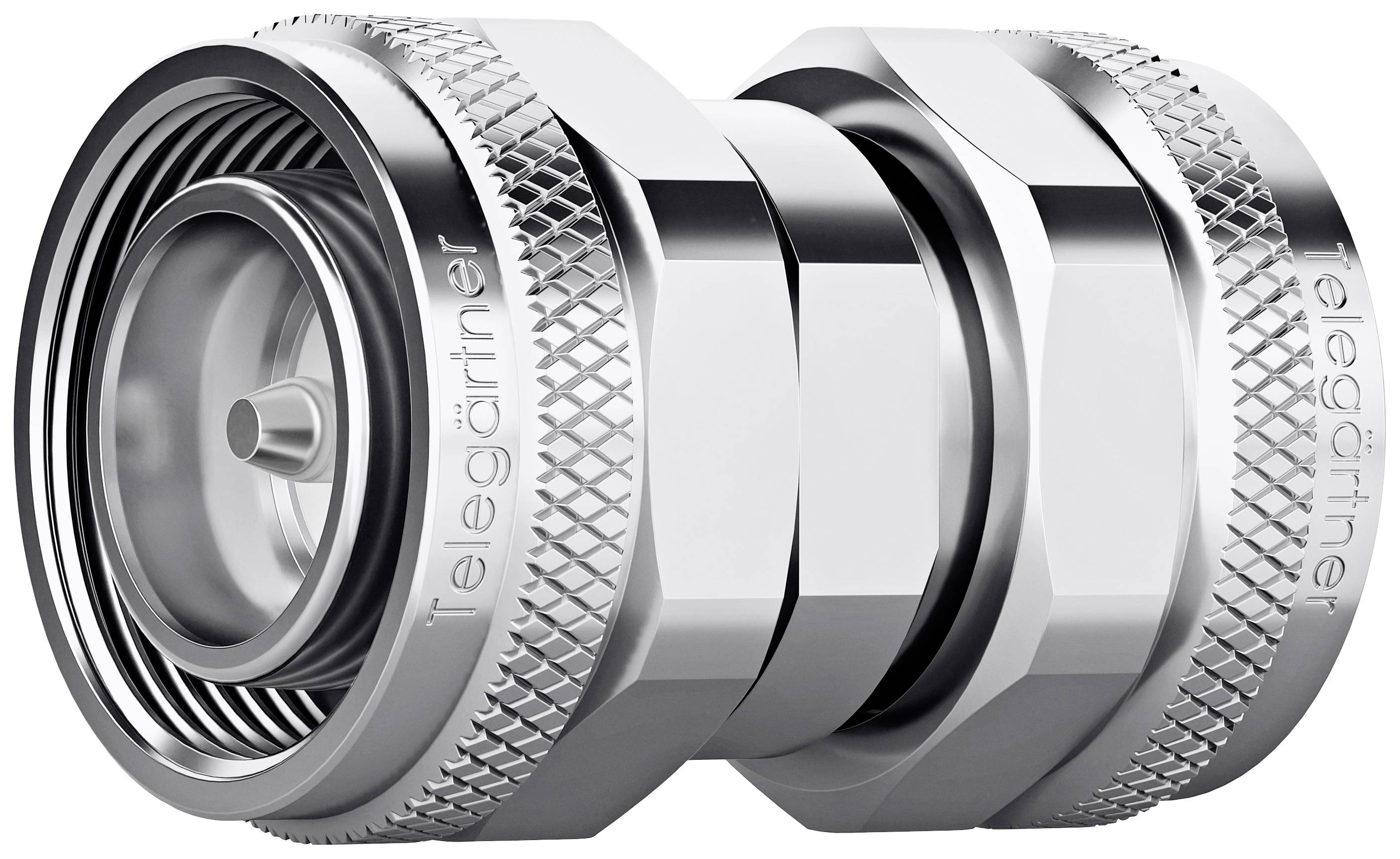 A gleaming metal connector of a coaxial cable with 'Telegärtner' engraving. Used for transmitting high-frequency signals.