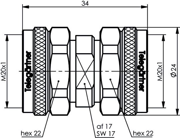 Technical drawing of a connector with dimensions: Length 34 mm, diameter 24 mm. Labelled with 'Telegärtner'.