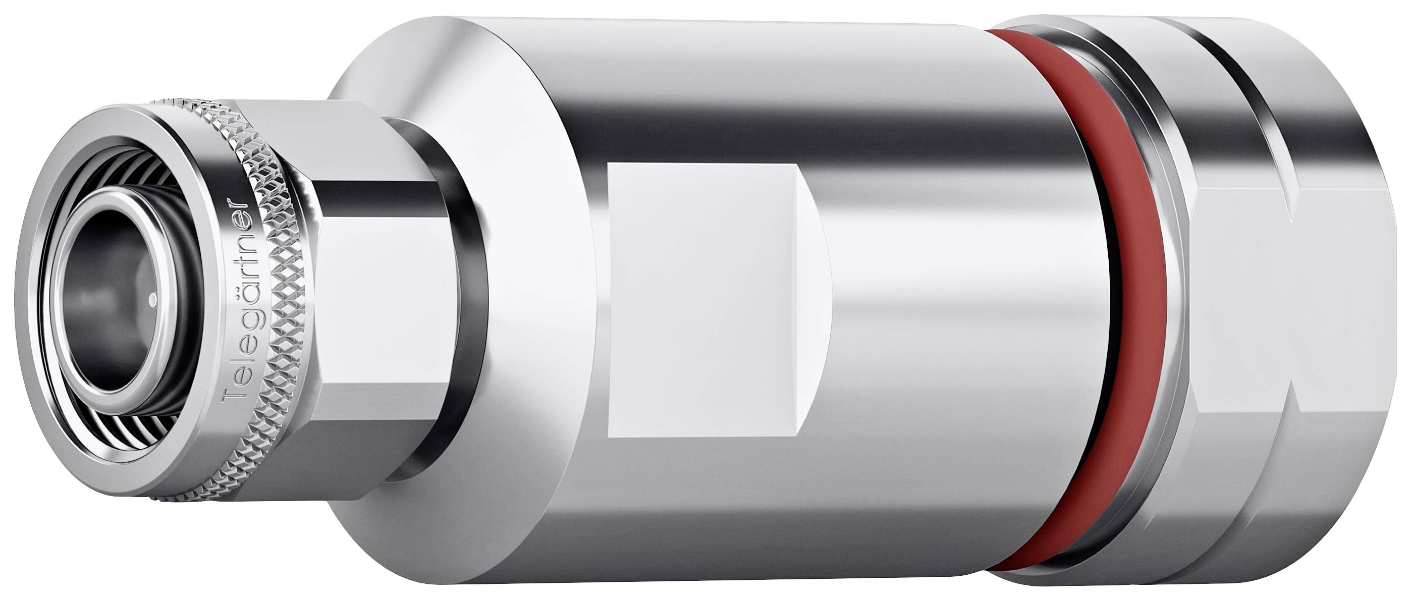 Silver, cylindrical metal adapter with fine details and a red marking, suitable for industrial connections.