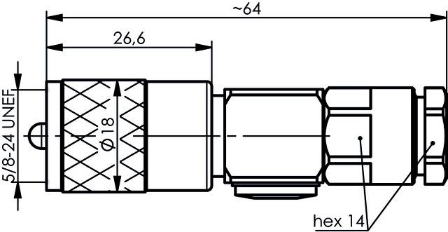 Technical drawing of a plug with dimensions: Total length ~64 mm, external thread 5/8-24 UNEF, diameter 18 mm, hexagon 14 mm.