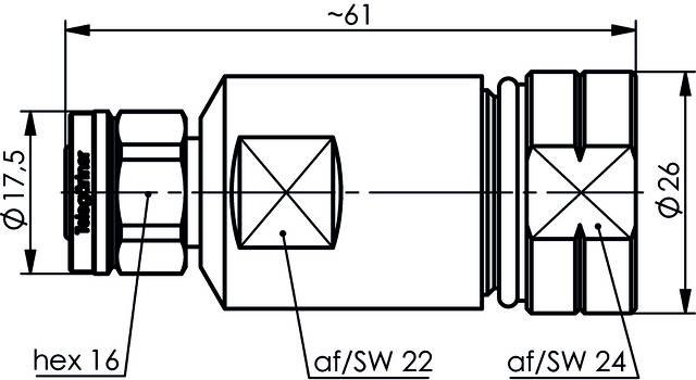 Technical drawing of a cylindrical component with dimensions: 61 mm length, diameter 26 mm, flat width: 16, 22, 24 mm.