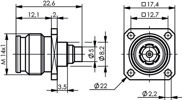 Technical drawing of a connector with dimensional specifications. On the left, a side view with details of diameters, on the right a front view.