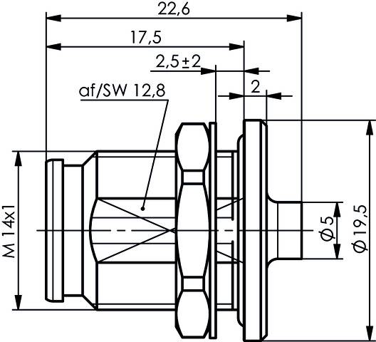 Technical drawing of a round component with dimensions in mm. Width 22.6, Depth 17.5, Thread M14x1, Diameter 5.