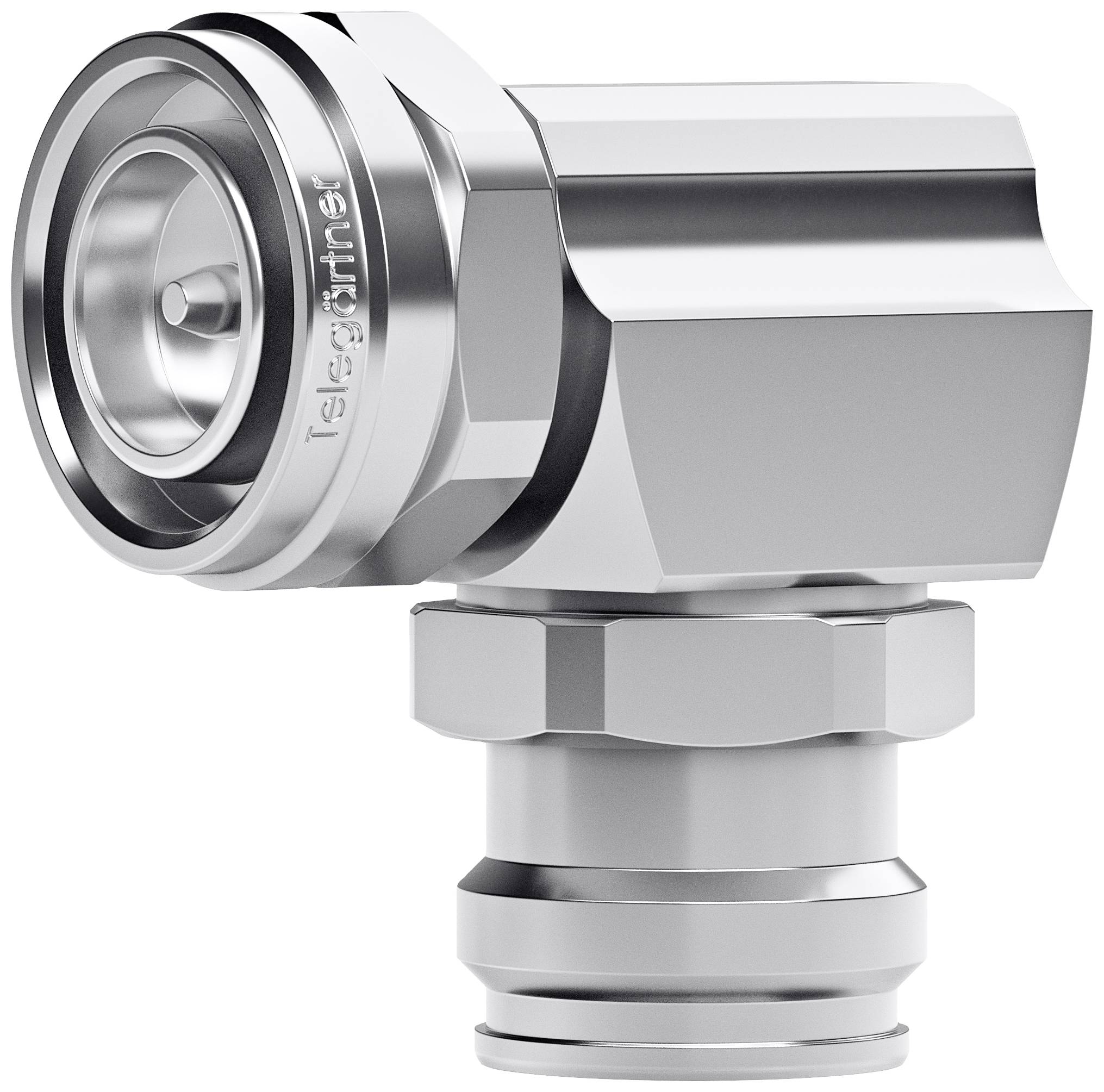 Metallic fittings with an angled design for pipes or conduits, highly polished, robust and industrial in style.