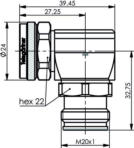 Technical Drawing of a Fitting with Dimensions: Diameter 24 mm, hex 22, Length 39.45 mm, Thread M20x1. Suitable for Installations.