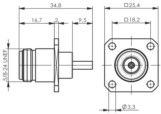 Technical drawing of a cylindrical connector with dimensions in millimetres. Side and frontal view with detailed measurements.