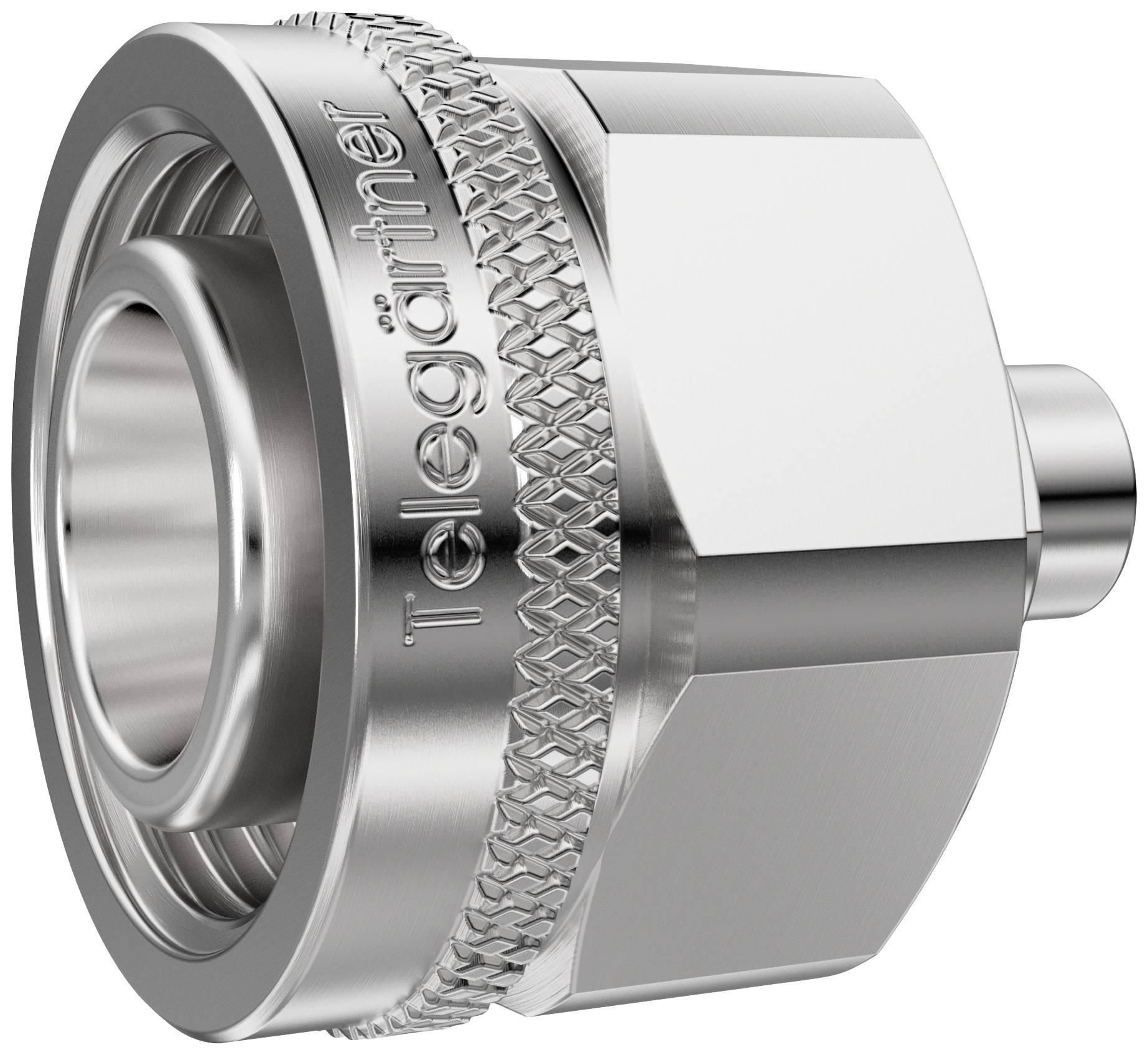 Metallic RF coaxial connector, robust construction, 'Telegärtner' engraved on the side. Suitable for high-frequency connections.