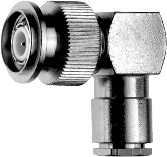 Metal plug connector with knurled screw and central hole, used for cable connections, black and white image.
