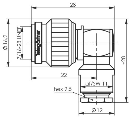 Technical drawing of an angle fitting with dimensions: Length 28 mm, Diameter 16.2 mm, Hexagon 9.5 mm. Marked with '7/16-28 UNEF'.