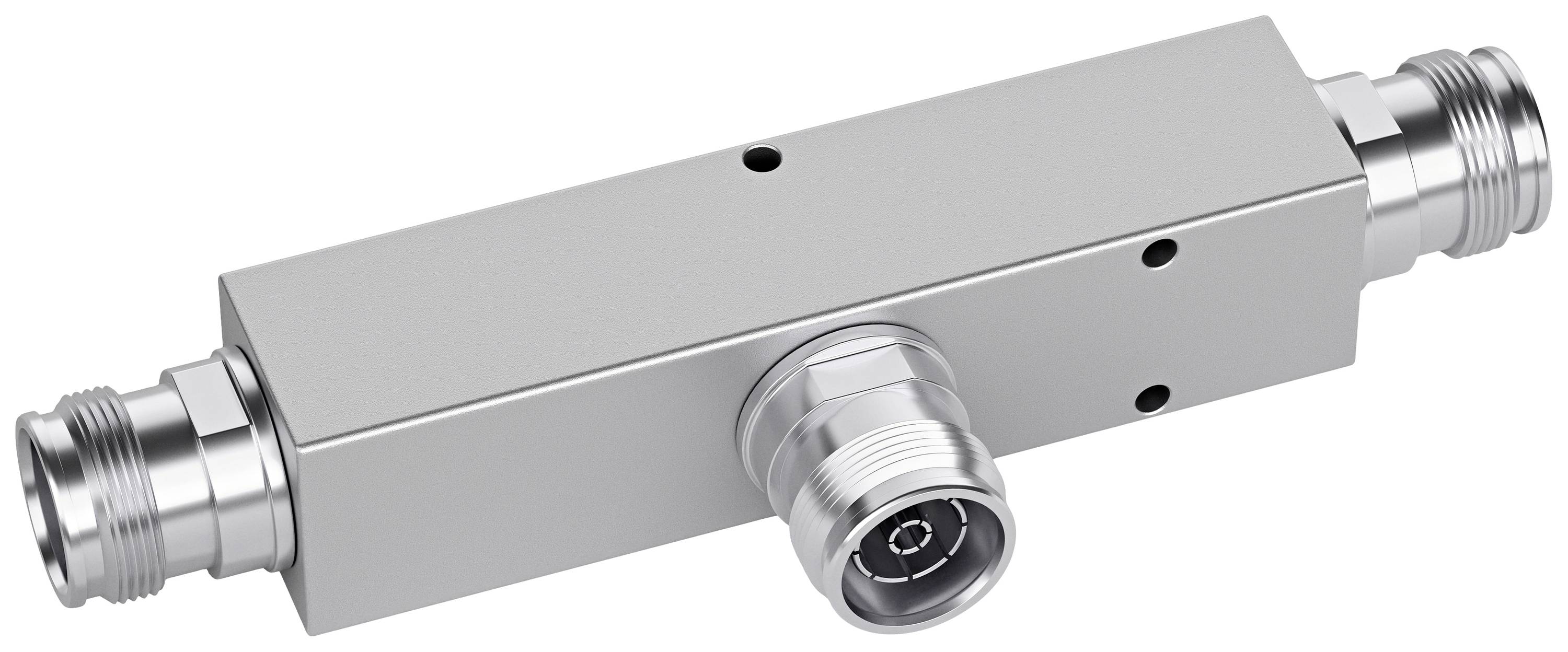 A rectangular metal waveguide with connections at both ends and a connection in the middle. It is used for signal transmission.