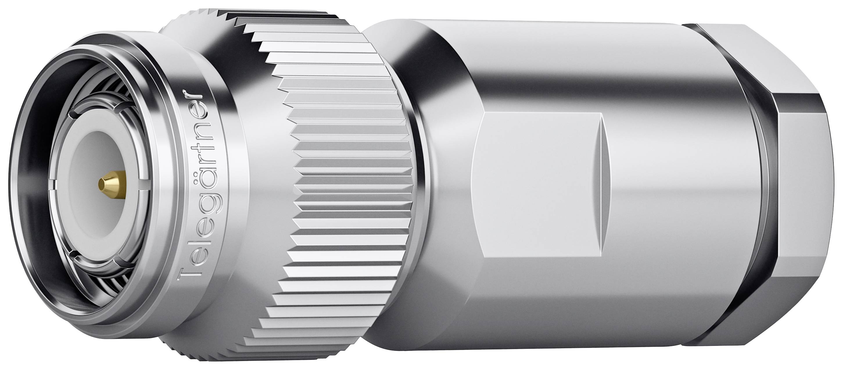 Metallic, cylindrical plug with knurled grip and 'Telegärtner' inscription, suitable for coaxial cable connections.