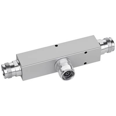 A coaxial directional coupler with three metal connections, used for measuring high-frequency signals, mountable in electronic systems.