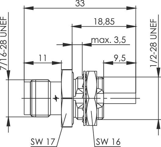 Technical drawing of a connector with dimensions: 33 mm length, 18.85 mm width, max. 3.5 mm spacing. Thread sizes 7/16-28 UNEF and 1/2-28 UNEF.