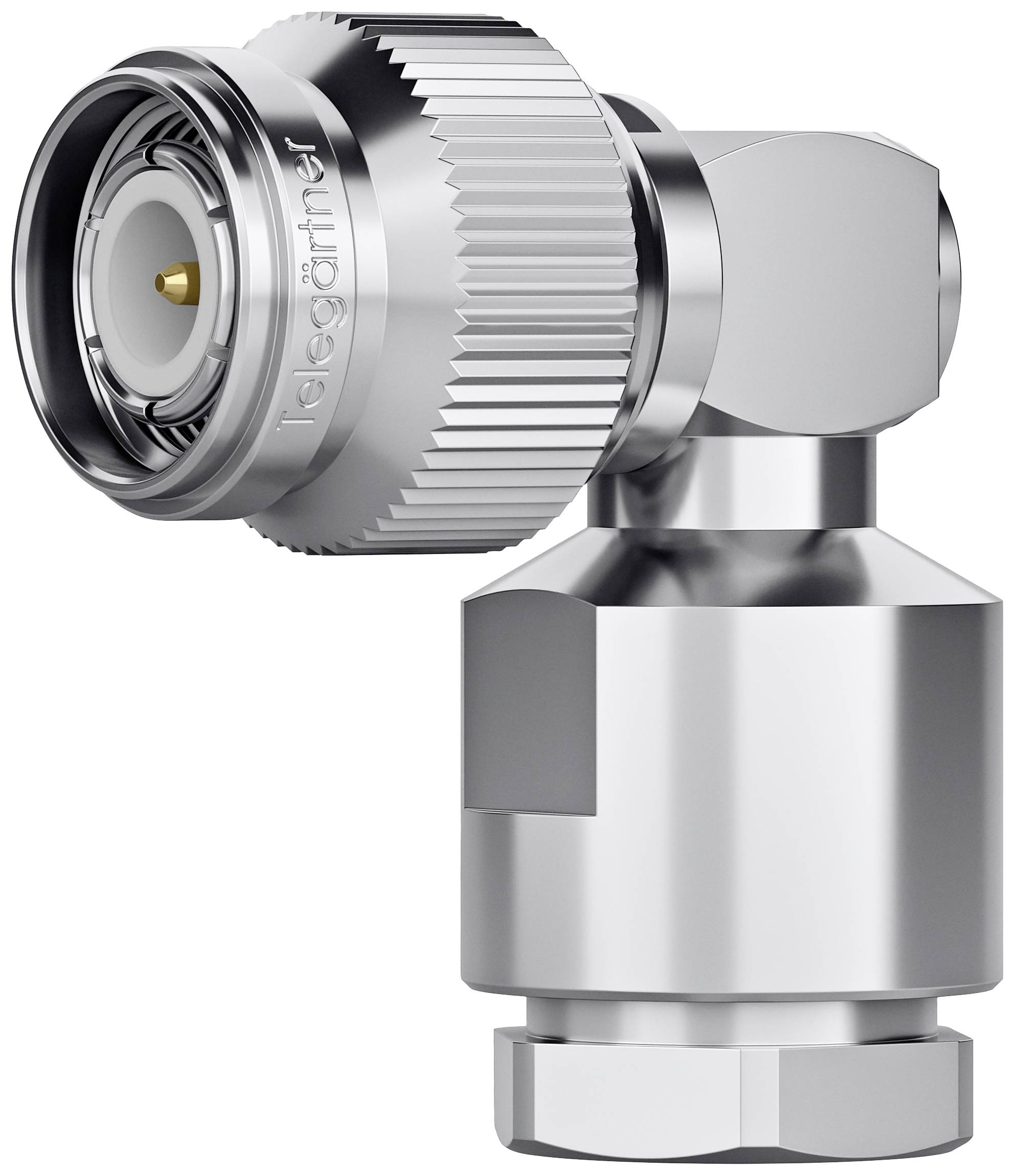 A metallic, gleaming antenna plug shown at an oblique angle, displaying detailed threading and a hexagonal nut.