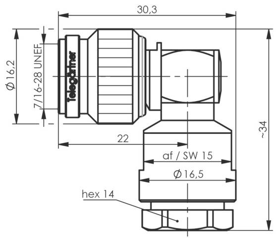 Technical drawing of a connector with dimensions: 30.3 mm length, 16.2 mm diameter, thread 7/16-28 UNEF, across flats/spanner width 15.