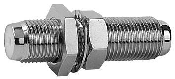A metal hexagonal nut and bolt in close-up, shiny and threaded, as part of a mechanical component.
