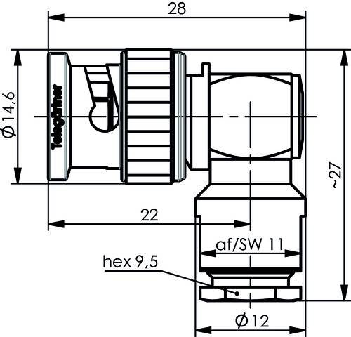 Technical drawing of an angled fitting with dimensions: Diameter 14.6 mm, 12 mm; Length 28 mm. Spanner size 11 mm, hexagon 9.5 mm.