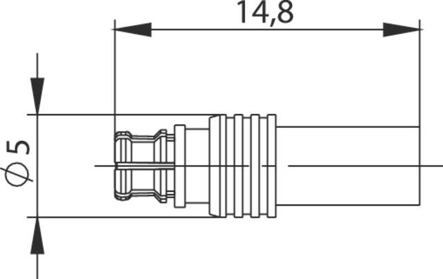 Technical drawing of a plug with dimensions: diameter 5 mm, length 14.8 mm. Side view shows details of the construction.