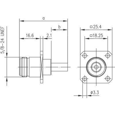 Technical drawing of a connector with dimensions in millimetres. Side and top views with labels.