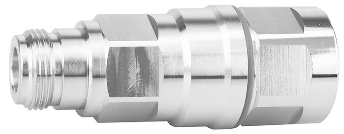 Metallic connection adapter with threaded screw fitting, cylindrical in shape and featuring multiple connection points. Used in industrial applications.