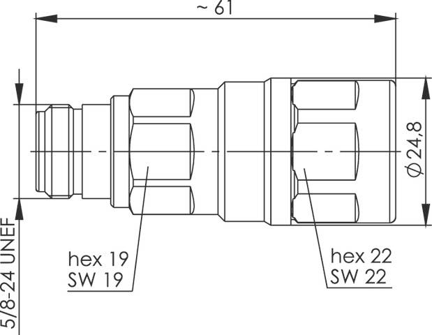 Technical drawing of a cylindrical adapter with metric dimensions and threads. Hexagonal sections with 'SW 19' and 'SW 22'.