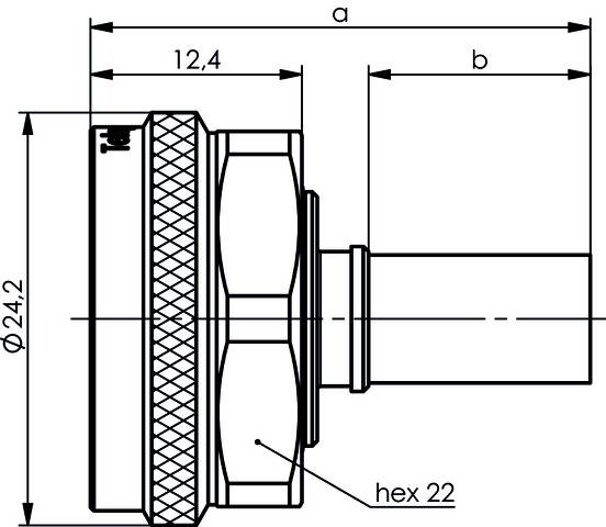 Technical drawing of a connector with side view. Labels show diameter 24.2, length 12.4, hexagonal screw form 22.