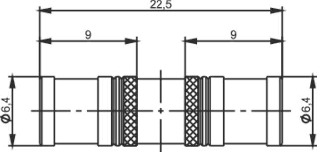 Technical drawing of a cylindrical component with dimensions: Total length 22.5, diameter 6.4. Two sections of 9 each are marked.
