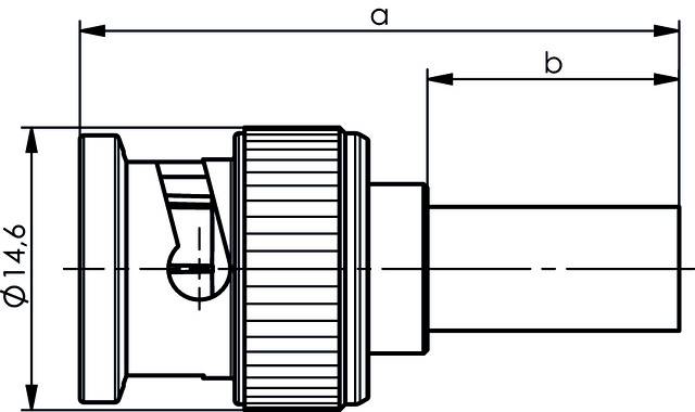 Drawing of a cylindrical connector with metric dimensions; diameter 14.6, with markers 'a' and 'b' for length measurement.