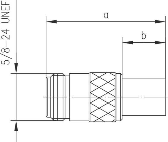 Technical drawing of a cylindrical adapter with a 5/8-24 UNEF thread, marked with dimensions 'a' and 'b'.