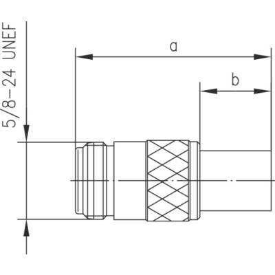 Technical drawing of a cylindrical adapter with a 5/8-24 UNEF thread, marked with dimensions 'a' and 'b'.