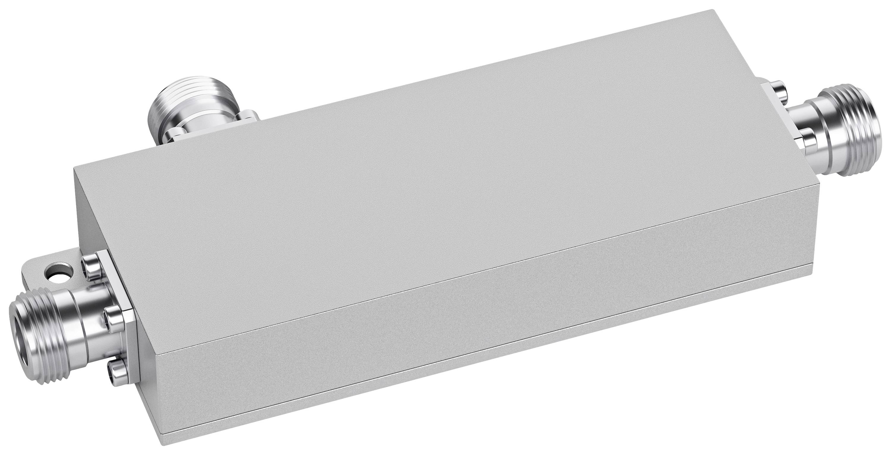 A rectangular, metallic RF distributor with two coaxial connectors at the ends. Designed for signal distribution in communication networks.