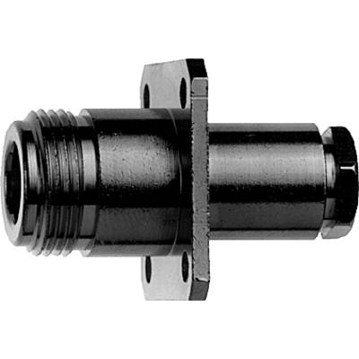 A black, metallic threaded pipe that serves as a connection piece or coupling.