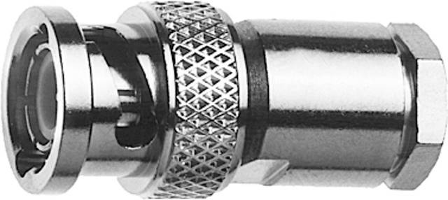 Metal BNC plug, cylindrical shape, with ribbed and smooth sections, used for connecting coaxial cables.