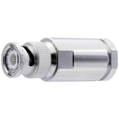 A metallic coaxial plug with threading and an insulated centre pin, resting on a white surface.