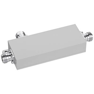 A rectangular, metallic high-frequency hybrid coupler with three connection ports, used in communication devices.