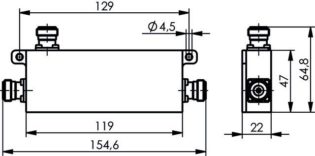 Technical drawing of a rectangular component with dimensions: 154.6 mm x 64.8 mm. Details such as connections and bore diameters specified.