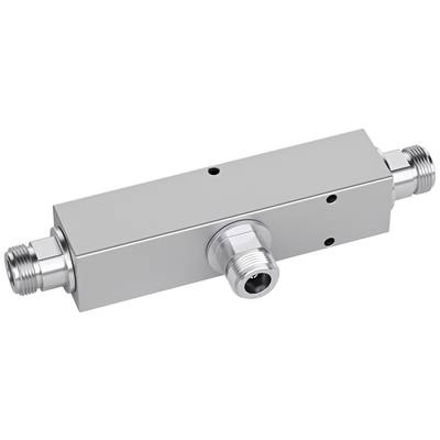A metallic component with three connections, possibly a connector or adapter in a technical context.