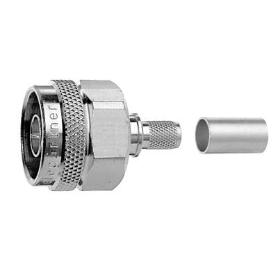 A metallic coaxial plug with screw thread and cylindrical cover, for cable connections in communication systems.