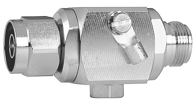A silver lightning protection plug with connection, used for discharging electrical charges.