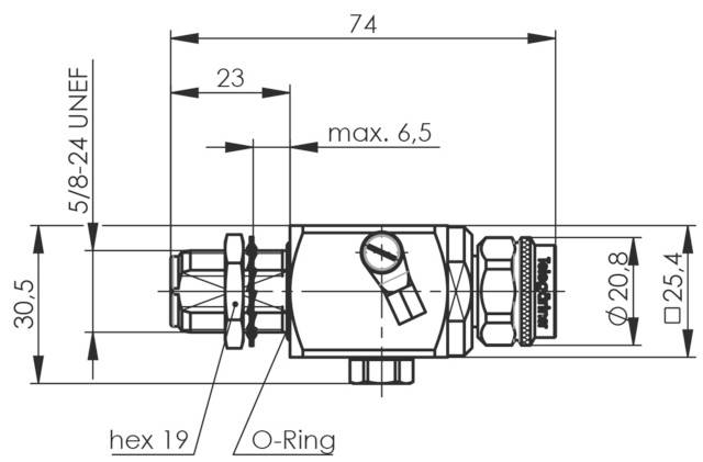 Technical drawing of a valve, showing dimensions in millimetres and connection details, including O-ring and size specifications.