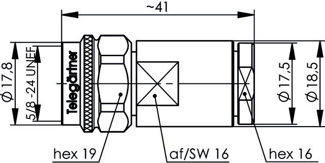Technical drawing of a connector with dimensions and thread information. Markings indicate thread size, hexagon measurements, and diameter.