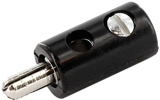 A black wire connection with a screw opening and a metal plug similar to an audio jack.