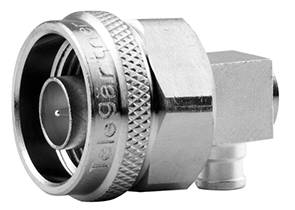 Metal coaxial connector in close-up, with 'Telegärtner' engraved on its front face, set against a white background.